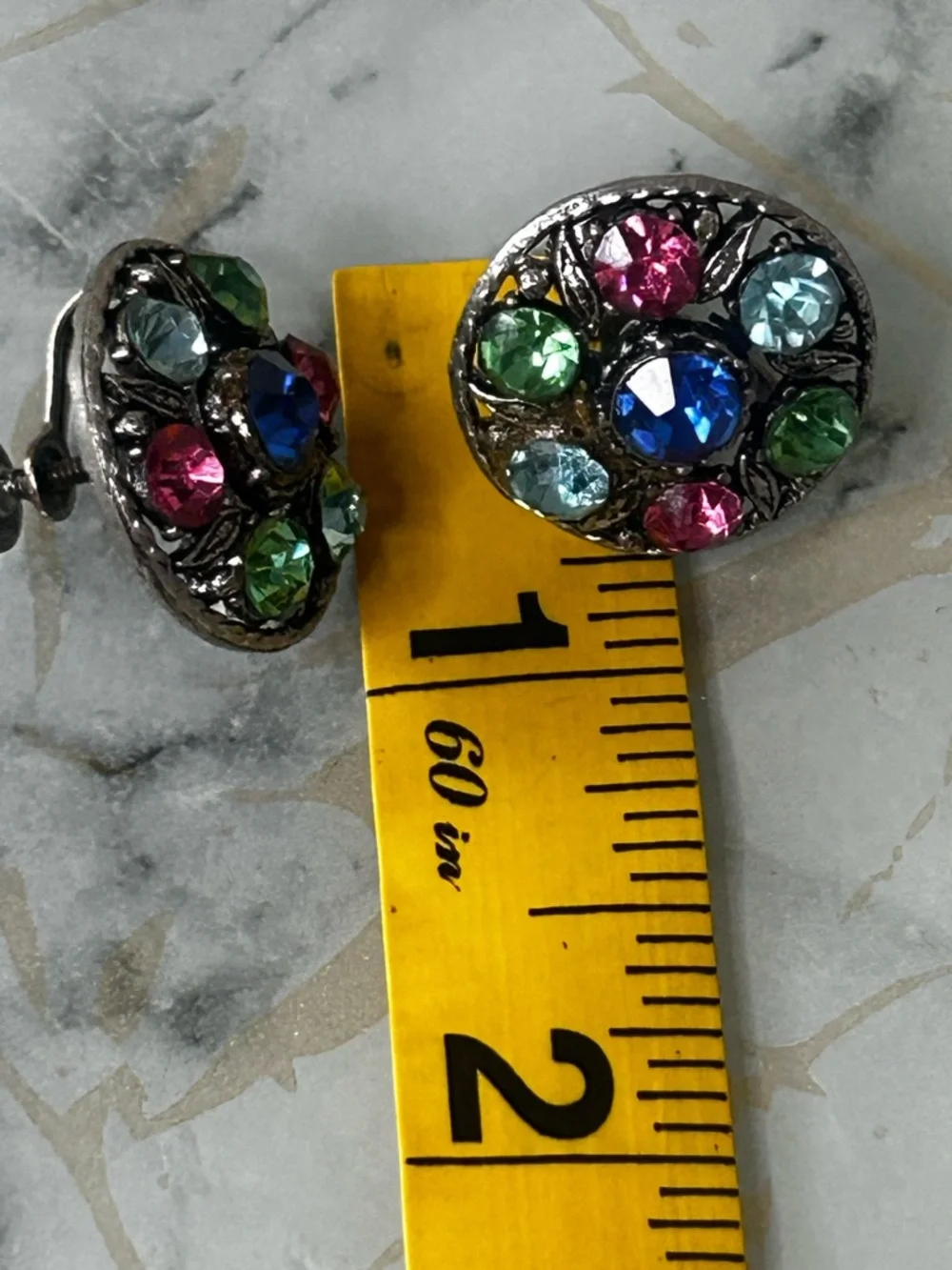 Vintage Multicolor Rhinestone Clip-On Earrings Silver Retro Statement Jewelry